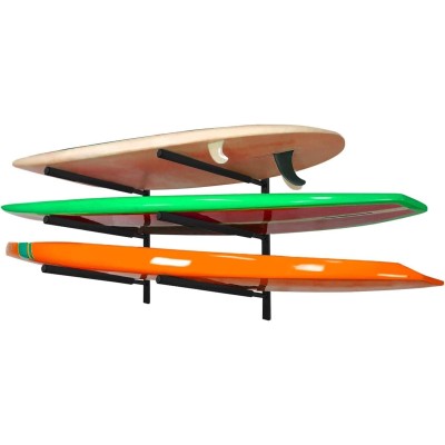 Yes4All Heavy Duty Steel 3 Tier Surfboard Wall Mount for Surfboards, Snowboards, Skateboards, Three-Level Surfboard Display Holder, Long Boards, Black, Adjustable Spacings