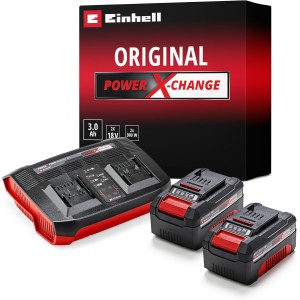 Original Einhell Starter Kit 2 x 3.0 Ah Batteries and Twincharger Power X-Change – Li-Ion, 18 V, 60 min Charging Time, Suitable for All Power X-Change Devices