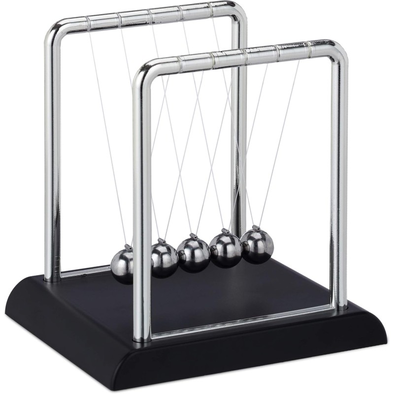 Relaxdays Newton Pendulum, Classic Ball Pendulum, 5 Balls, Physics Decoration for Office & Desk, Ball Pendulum, Silver, HBT: 13.5 x 13.5 x 11.5 cm.