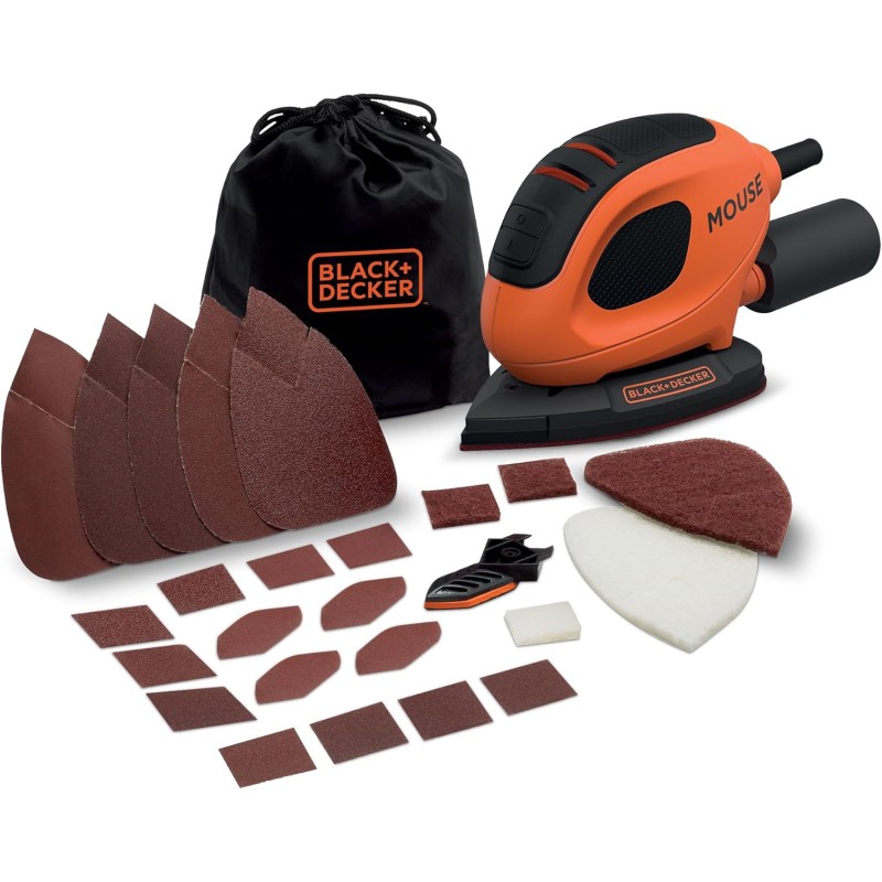 Black+Decker Dreieckschleifer Mouse (55 Watt, Schleifplatte 133 x 95 mm, Schleifen/Polieren, Klettfix-System, inkl. Schleifpapiere + Fingerschleifpapier, Staubsaugeradapter, Tasche) BEW230BCA