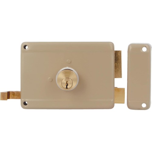 Amig - Right Mortice Lock with Latch Lever, Tongue and Handle for Wooden Doors Model 78 | 120 x 85 mm | Bolt with Round Tooth Cylinder | Beige Steel