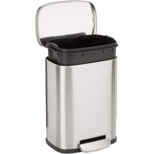 Amazon Basics Kitchen Waste Bin with Steel Tube Pedal, 5 Litres, Soft-Close Lid for Kitchen, Bathroom or Office, Rectangular, Satin/Nickel Colours