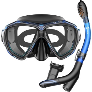 Dorlle Snorkel Set Snorkel and Diving Goggles, Waterproof Diving Mask, Anti-fog Anti-leak Made of Tempered Glass, with 3 -Channel Premium Dry Snorkel For Adults.