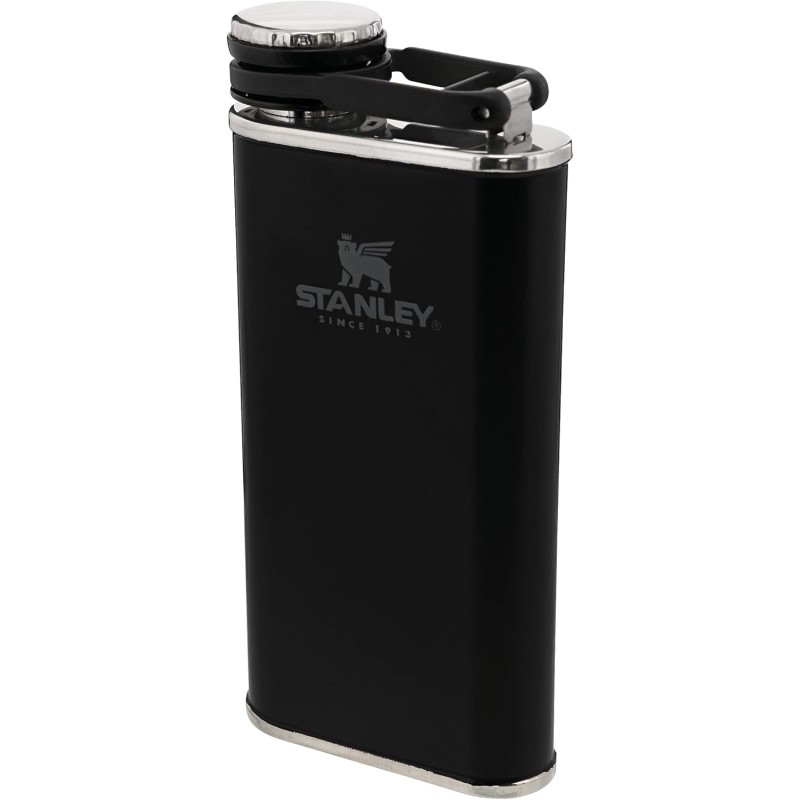 Stanley Classic Wide Mouth Flask 236 ml/8 oz, Matte Black, with Never-Lose Cap – Stainless Steel Hip Flask with Wide Opening for Easy Filling and Pouring – BPA-Free
