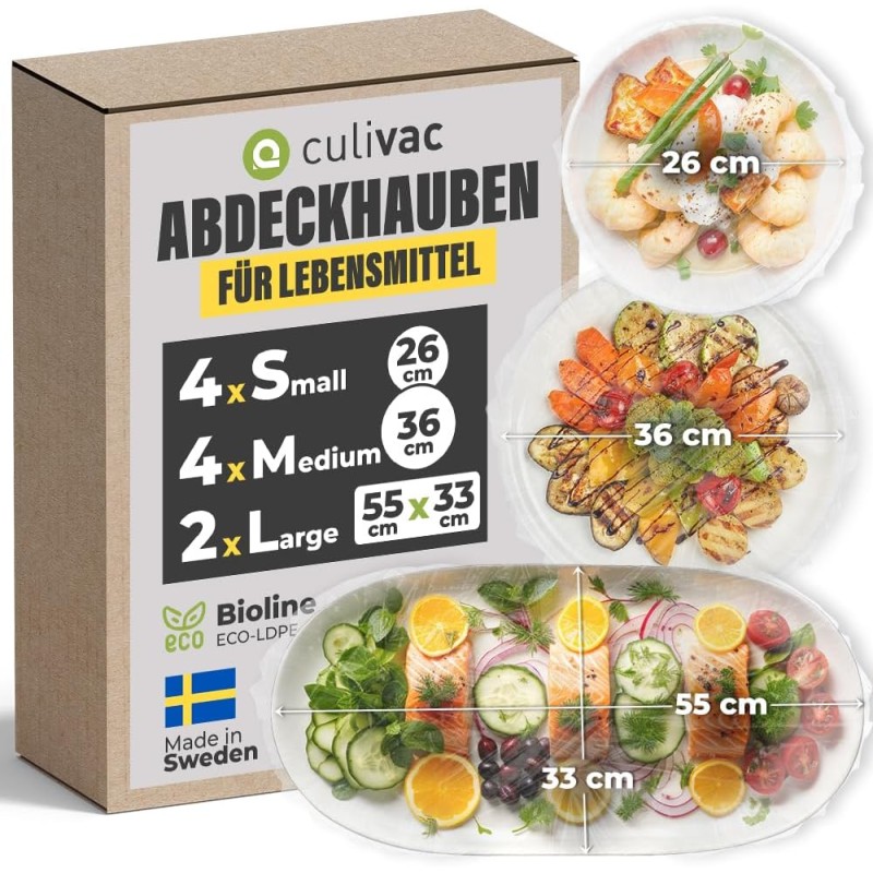 culivac Food Covers Made of Bioline ECO-LDPE Elastic Natural Rubber Cling Film for Bowls Food Cake Fly Cover Made in Sweden BPA Free 10 Pieces = 4 x 26 cm + 4 x 36 cm Round + 2 x 55 x 33 cm