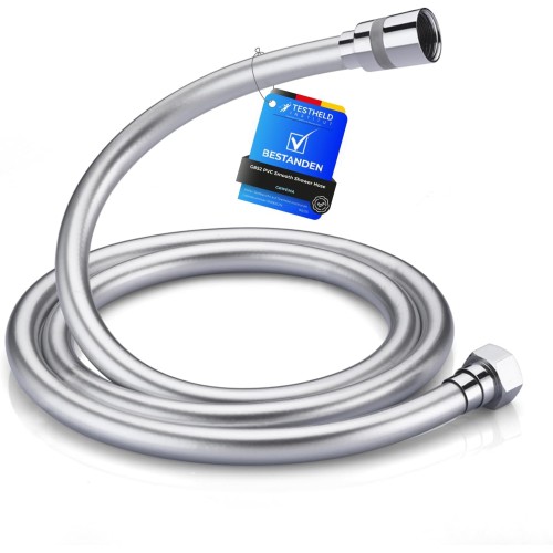 GRIFEMA Shower Hose 1.5 m - Flexible Smooth PVC Shower Hose 150 cm, Anti-Kink & Leak-Free, Universal ½ Inch Connection, Durable Replacement Hose with Brass Connectors & Seals, Silver