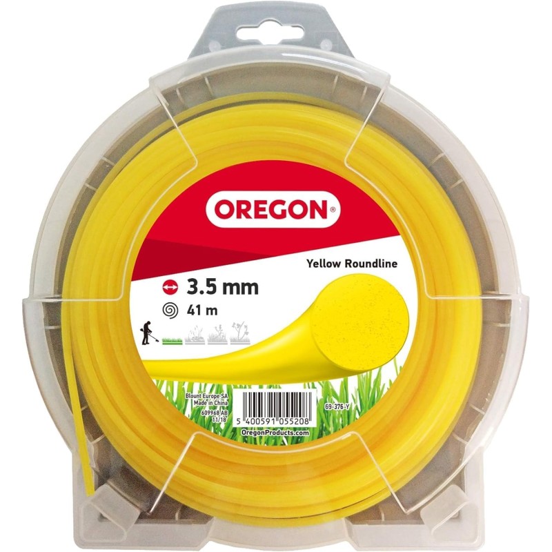 Oregon Round Mower Line 3,5 mm, жълта, за висока трева, плевели, газони и гъста растителност, издръжлива професионална найлонова нишка, за повечето косачки, 3,5 mm x 124 m (69-377-Y)