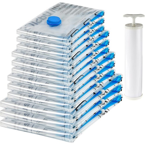 Amazon Basics Vacuum Bags for Clothes with Airtight Valve and Hand Pump, Multiple, 3 x Jumbo, 3 x Large, 3 x Medium, 3 x Small, 12 Pack, Zip, Clear
