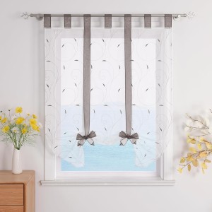 Eslir Roman Blind with Tabs, Transparent Tab-Top Kitchen Curtains, Modern Voile with Embroidery, 1 Piece
