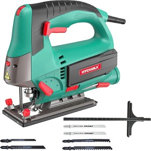 Jigsaw 800 W Max Wood Cutting Depth 110 mm, 800-3000SPM Hychika Electric Jigsaw with Laser, 6 Variable Speeds and 0-3 Orbital Position, 6 Blades, Chamfer Cutting: -45° to 45°, Case.