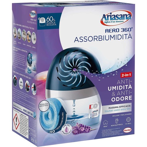 Ariasana Aero 360° Moisture Absorber Kit, Non-Electric Rechargeable Dehumidifier, Absorbs Moisture Against Condensation and Mildew, 1 Device and 1 Tab Lavender Refill 450g