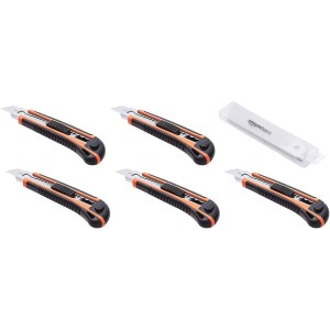 AmazonBasics utility knife, retractable blade, pack of 5, with 25 blades (3 already in the knife + 10 spare blades in an extra container)