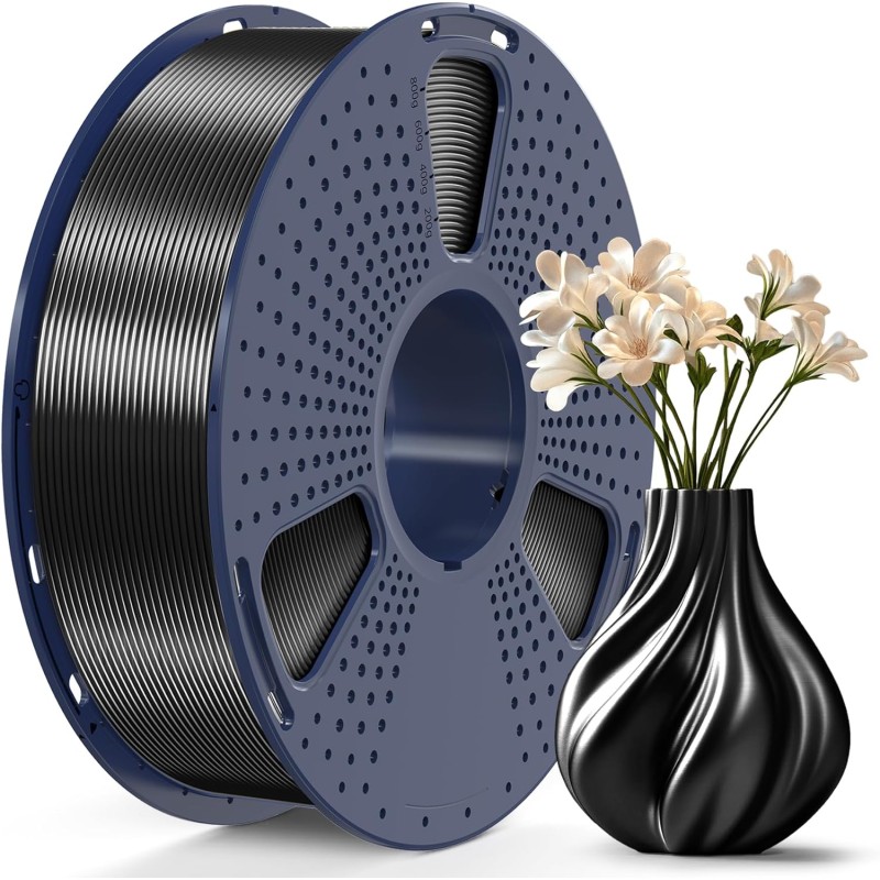 SUNLU PLA+ Shiny Silk 3D принтер филамент 1,75 mm, филамент за печат с копринено гладка повърхност, добро цветопредаване, точност на размерите ± 0,02 mm, 1 kg макара, PLA+ Silk, черен