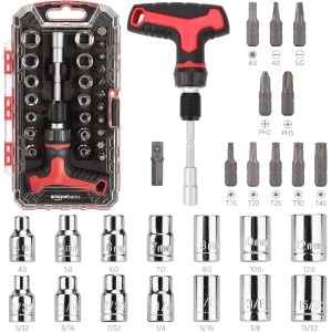 Amazon Basics 27 Pcs Black Magnetic Ratchet Wrench Set with T Handle and Screwdriver Set