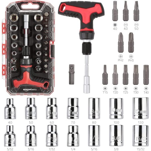 Amazon Basics 27 Pcs Black Magnetic Ratchet Wrench Set with T Handle and Screwdriver Set