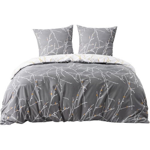 Bedsure Cotton Bed Linen 200 x 220 cm, Grey Bed Linen Sets, 200 x 220 Duvet Cover, 3-Piece Set with 2 Pillowcases 80 x 80 cm, Warm Bedding with Zip, Twig Pattern