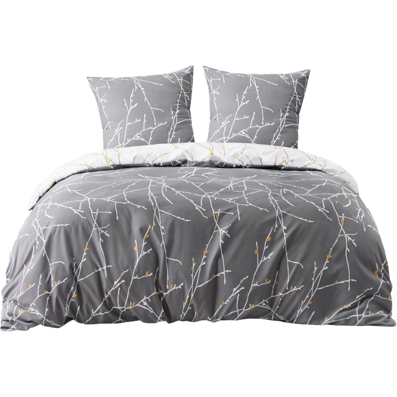 Bedsure Cotton Bed Linen 200 x 220 cm, Grey Bed Linen Sets, 200 x 220 Duvet Cover, 3-Piece Set with 2 Pillowcases 80 x 80 cm, Warm Bedding with Zip, Twig Pattern