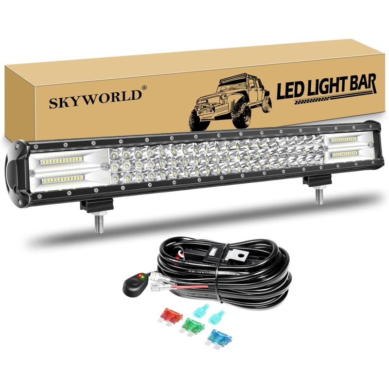 SKYWORLD 23 Inch 59 cm 324 W LED Work Light Bar with 12 V Wiring Harness, Waterproof LED Light Bar LED Work Light Bar for 4 x 4 Off-Road SUV UTV ATV Car Tractor