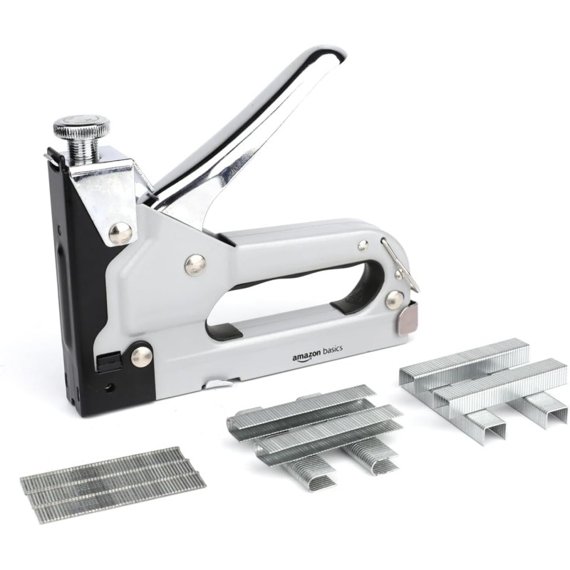 Amazon Basics Heavy Duty Hand Stapler Gun 3 in 1 Staples with 600 Staples for Upholstery, Home Repair, Carpentry, Furniture Decoration and Repair - Black