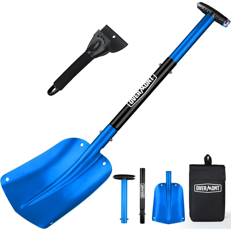 Overmont Avalanche Shovel, Snow Shovel, Emergency Shovel, Removable Aluminium 3 Piece with Bag for Gardening, Winter, Car, Outdoors, Red/Blue/Gold