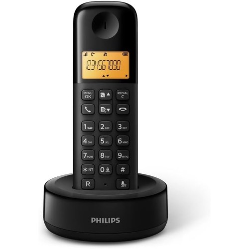 Philips D1601B Cordless Telephone, DECT Telephone, Landline Connection, 4.1 cm Display, Feedback, Hands-Free Calling, Caller ID, Plug & Play, Eco+, Black