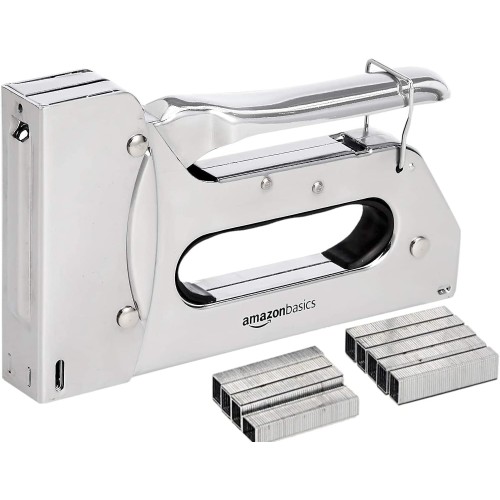 Amazon Basics Heavy Duty Stapler Gun with 1000 Staples for Upholstery, Home Repairs, Carpentry and Other Professional Projects - Silver