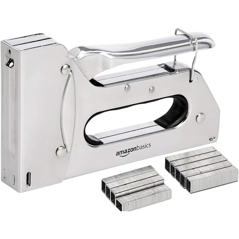 Amazon Basics Heavy Duty Stapler Gun with 1000 Staples for Upholstery, Home Repairs, Carpentry and Other Professional Projects - Silver