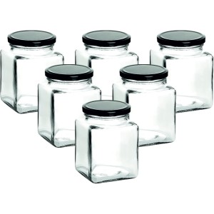gouveo Set of 6 preserving jars, 730 ml, square with screw lid, black, large storage jars with screw cap, empty jam jars, preserving jars, storage jars