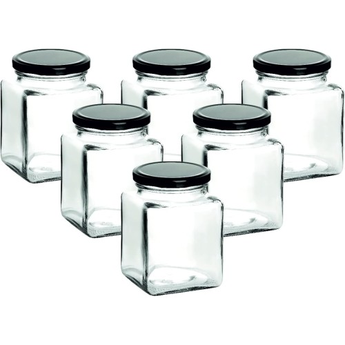 gouveo Set of 6 preserving jars, 730 ml, square with screw lid, black, large storage jars with screw cap, empty jam jars, preserving jars, storage jars