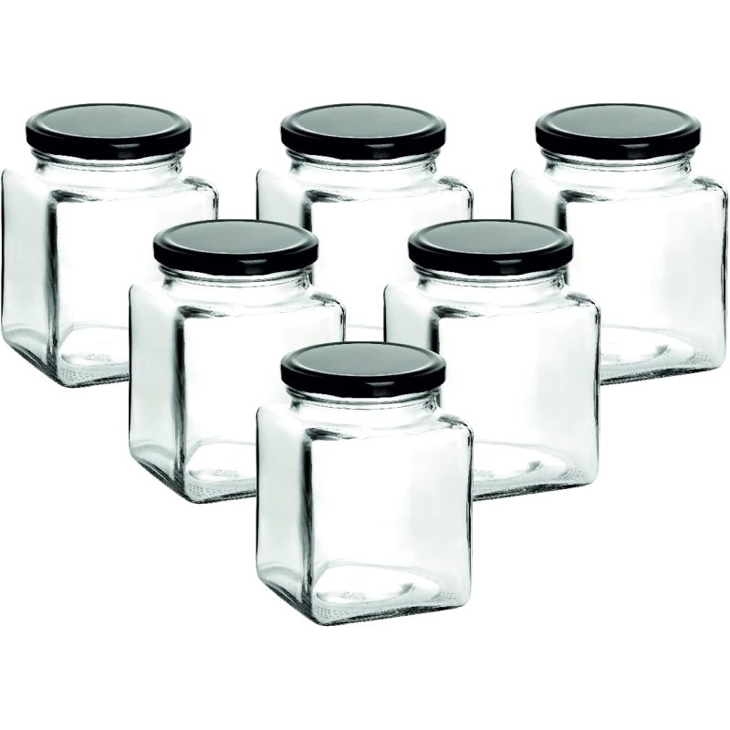gouveo Set of 6 preserving jars, 730 ml, square with screw lid, black, large storage jars with screw cap, empty jam jars, preserving jars, storage jars