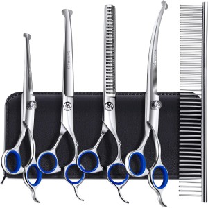 Gimars 4CR Dog Scissors Set Professional 6-in-1 Dog Scissors Grooming Scissors with Bullet Tip, Wear-Proof Titanium-Coated Fur Scissors for Dogs for Cats and Other Animals