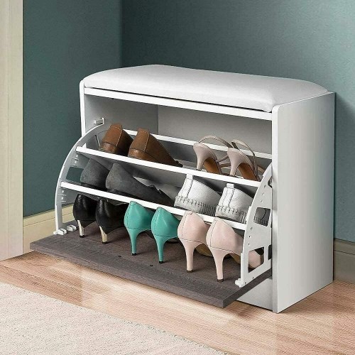 BAKAJI Space-saving Wooden Shoe Bench with Hinged Door and Faux Leather Seat, Dimensions 60 x 30 x 48 cm (Oak Grey)