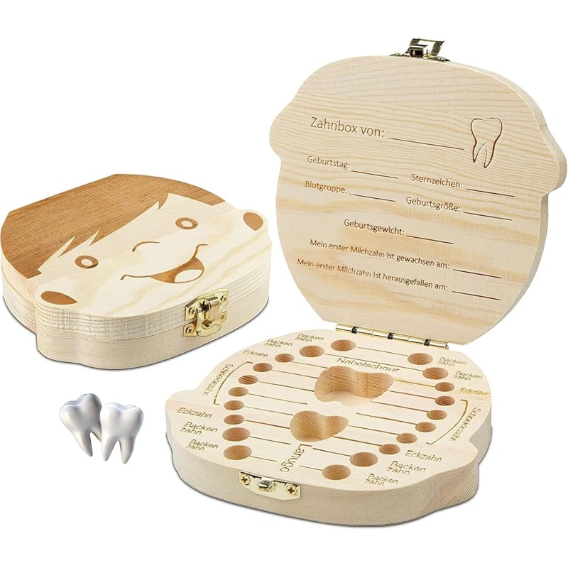 Original Little Moonshine Tooth Box for Milk Teeth with Tooth Fairy Voucher [English Language Not Guaranteed] - Made of Wood for Girls and Boys - Gift Ideas for Christening and Birthday girls