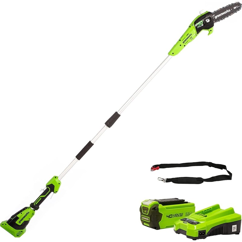 Greenworks G40PSFK2 Battery Pruner, 20 cm Blade Length, 8 m/s Chain Speed, 3.64 kg, Automatic Oil System, 80 ml Oil Tank, 2.58 m Rod Range, 40 V 2 Ah Battery & Charger