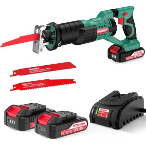 Hychika Reciprocating Saw, 18 V Cordless Reciprocating Saw With 2 x 2000 mAh Batteries, Variable Speed From 0 to 2800 RPM, 4 Saw Blades, Quick Charger, LED Light, Ideal For Cutting Wood And Metal