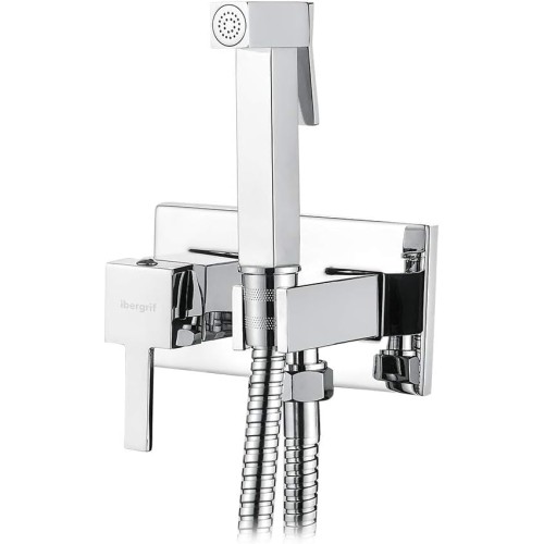Ibergrif M22011 Flush-Mounted Square Toilet Bidet Hand Shower Set with Shower and Holder, Hose, Hot and Cold Water, Chrome, Silver