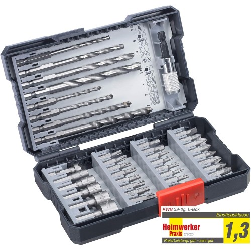 kwb Drill Box with Hexagonal Shank, HSS Metal Drill, Masonry Drill + Wood Drill and Bits PH, PZ and TX in set incl. Countersink, Bit Holder and Socket Wrench Bits