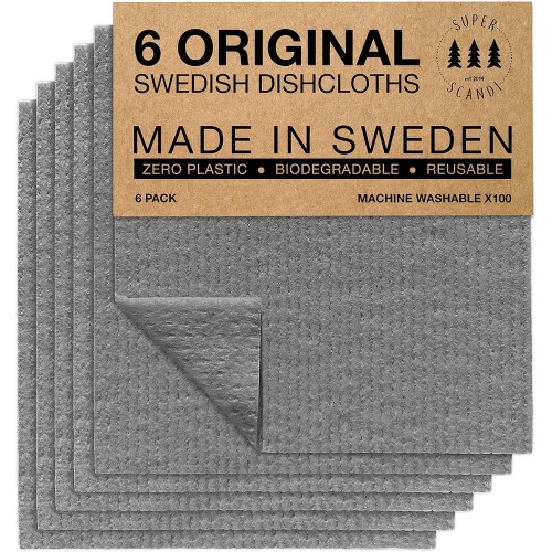 Superscandi Swedish Dish Cloths, Set of 6, in Grey, Washable and Reusable for a Sustainable Kitchen, Sponge Cloths, Tea Towels, Cotton Washcloths, Cleaning Cloths, Kitchen Towels
