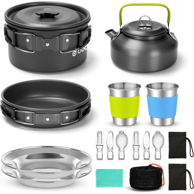 Odoland Camping Crockery Set, Cooking Set Pots with 0.8 L Tea Kettle, Camping Cutlery and Cup, Lightweight Aluminium Camping Pots, Foldable Cookware for Outdoor Cooking