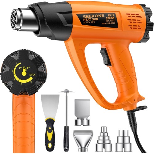 Seekone Heat Gun Kit with 2-Temperature Control (60°C - 600°C), Hot Air Fan, Hot Air Dryer, 4 Attachment Nozzles for Targeted Despeckling, Soldering and Shrinking
