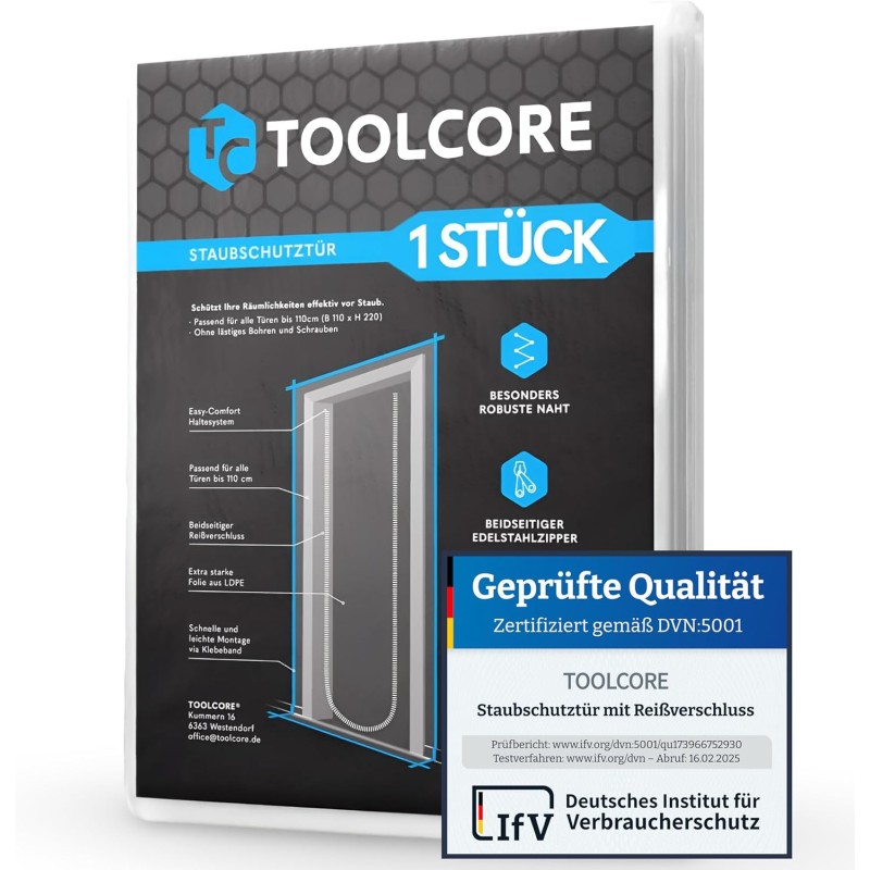 Toolcore® Dust Protection Door with Zip, 1.10 x 2.20 m, 1 and 2 Pieces, Ideal as a Dust Protection Wall, Construction Door, Dirt Lock