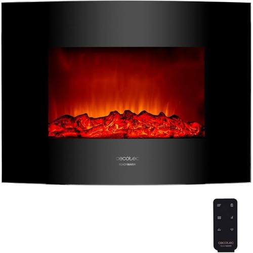 Cecotec Ready Warm 2200 Curved Flames Electric Fireplace with Remote Control, 22 Inch, 2000 W with 2 Power Levels, Curved Tempered Glass Scoreboard, 2 LED Lights, 20 m2