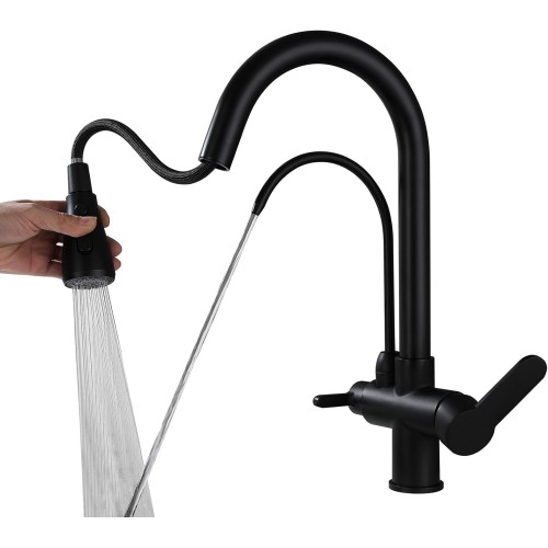 SJQKA 3-Way Kitchen Tap, Extendable Kitchen Tap, 360° Rotatable Kitchen Tap, Brass Sink Tap, 3-in-1 Mixer Tap for Water Filter, Black