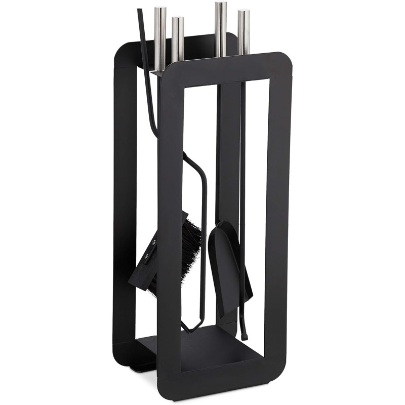 Relaxdays Modern 5-Piece Fireplace Tool Set with Ash Shovel, Broom, Poker, Tongs & Holder, Modern Black