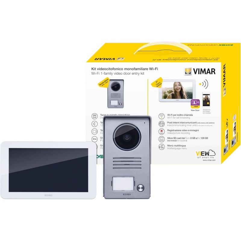 Vimar K40945 Video Calling Kit Includes Hands-Free Touch Screen Video House Phone LCD 7 Inch and WiFi Connection 1 Button Bell Tray Power Supply 24 V with Interchangeable Plugs EU BS US AU, 1 Family