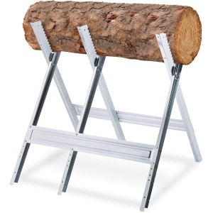 Relaxdays Wood Sawhorse, Folding Saw Frame for Chainsaws, Steel, H x W x D: 81 x 75.5 x 81 cm, Silver