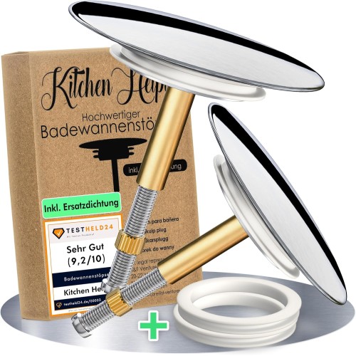 Kitchen Helpis® 2 universal bath plugs, diameter 72 mm, rust-free and high-gloss chrome-plated, 100% leak-proof thanks to precise double seal, plug for all standard bathtubs as height adjustable