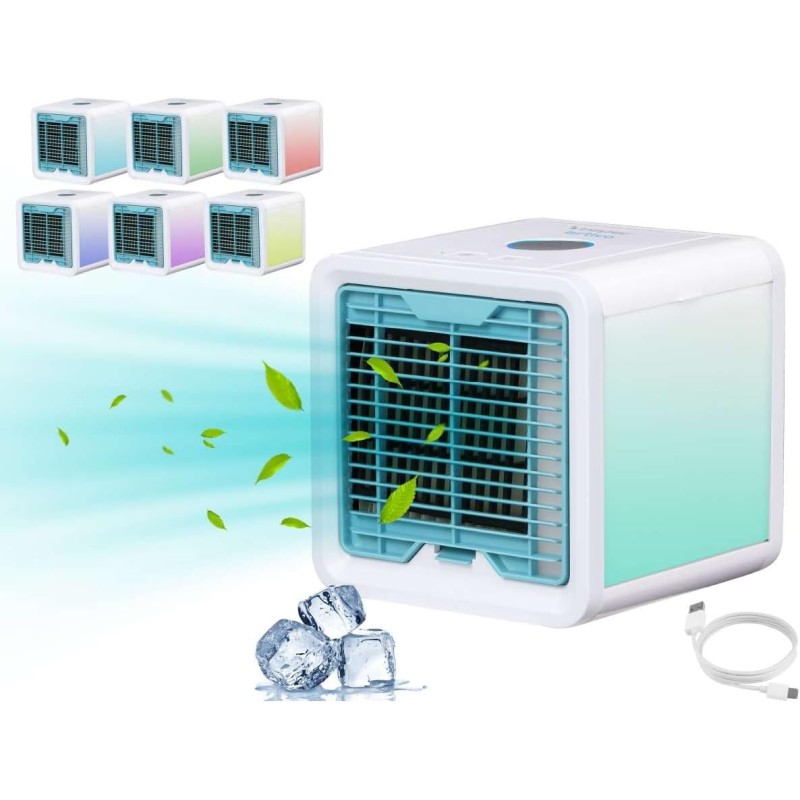 Beper P206RAF200 Мини охладител за маса, овлажнител, преносим личен климатик, USB кабел, 3 скорости, 7 LED светлини за хромотерапия, мини охладител за въздух