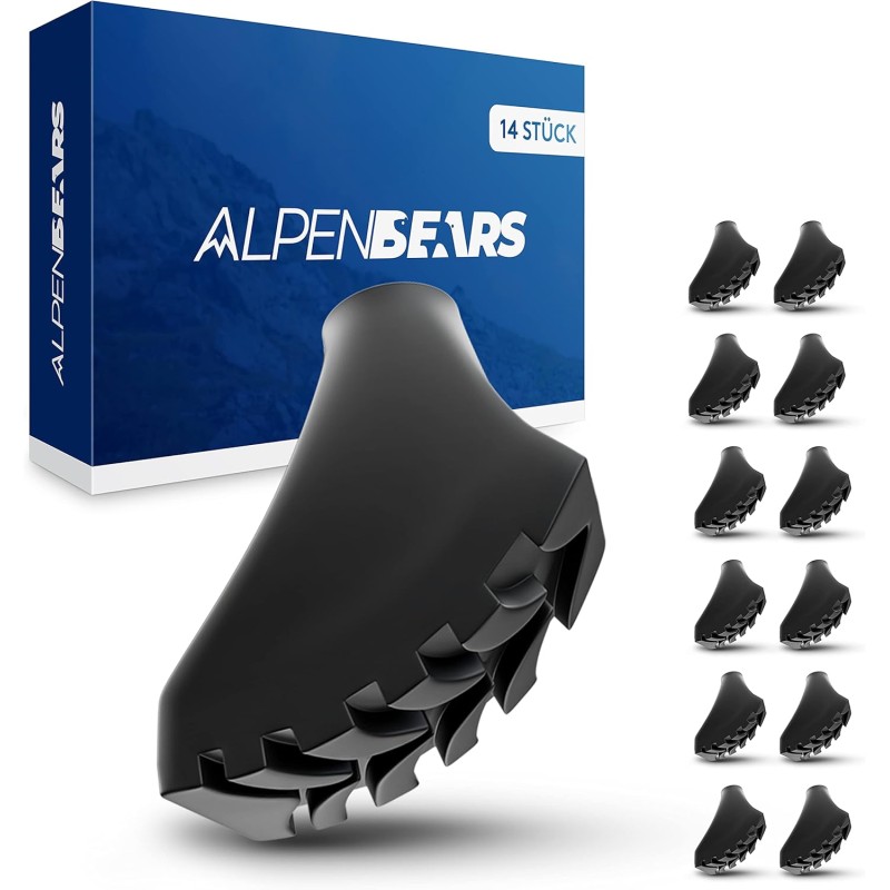 Alpen Bears Hiking Poles Attachments [14 броя] Професионален комплект приставки за всички стандартни туристически щеки и щеки за скандинавско ходене - гумени подложки за трекинг щеки - асфалт - чакъл