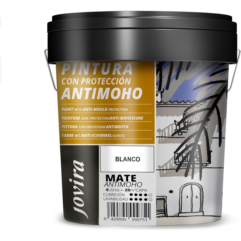 JOVIRA PINTURAS - 6 kilo - Anti-mould paint (4 litres). Prevents mould. Resistant to the appearance of mould on walls. Opaque appearance. (4 litres, white) A-06